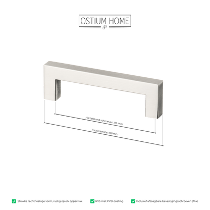 Maattekening van meubelgreep in RVS, hartafstand 96 mm, lengte 108 mm
