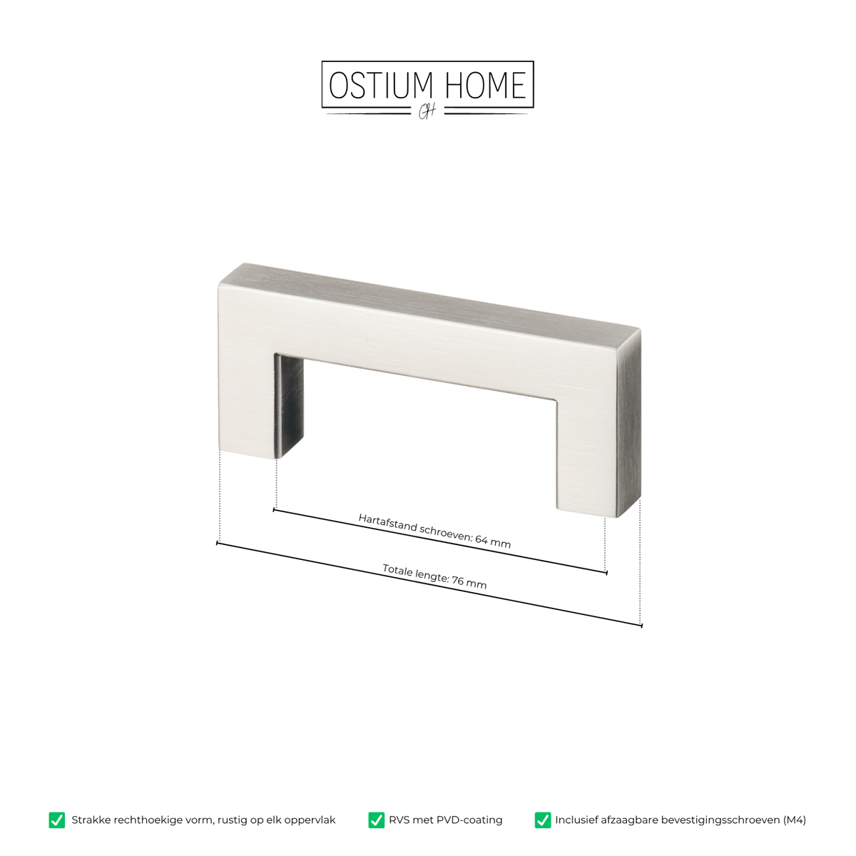 Maattekening van meubelgreep in RVS, hartafstand 64 mm, lengte 76 mm