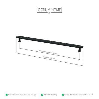 Maattekening van meubelgreep in zwart met diamond cut structuur, hartafstand 320 mm, lengte 352 mm