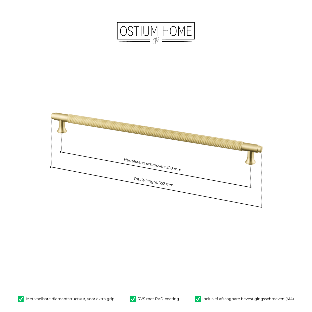 Maattekening van meubelgreep in goud met diamond cut structuur, hartafstand 320 mm, lengte 352 mm