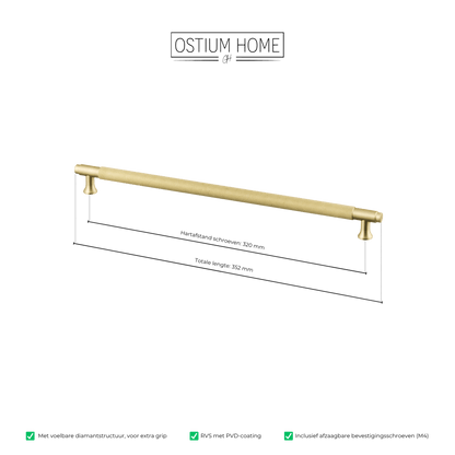 Maattekening van meubelgreep in goud met diamond cut structuur, hartafstand 320 mm, lengte 352 mm