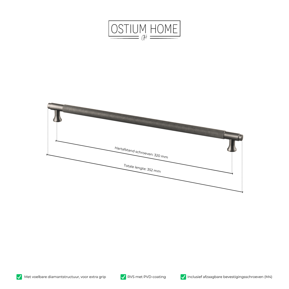 Maattekening van meubelgreep in gun metal met diamond cut structuur, hartafstand 320 mm, lengte 352 mm