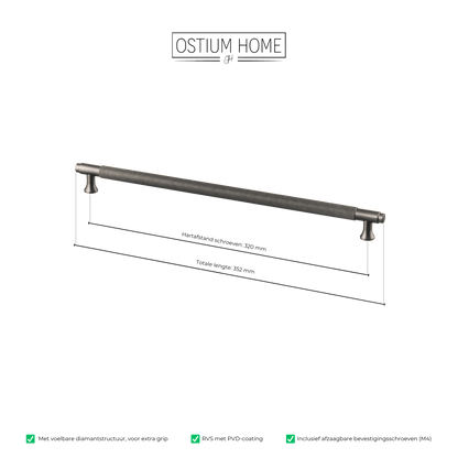 Maattekening van meubelgreep in gun metal met diamond cut structuur, hartafstand 320 mm, lengte 352 mm