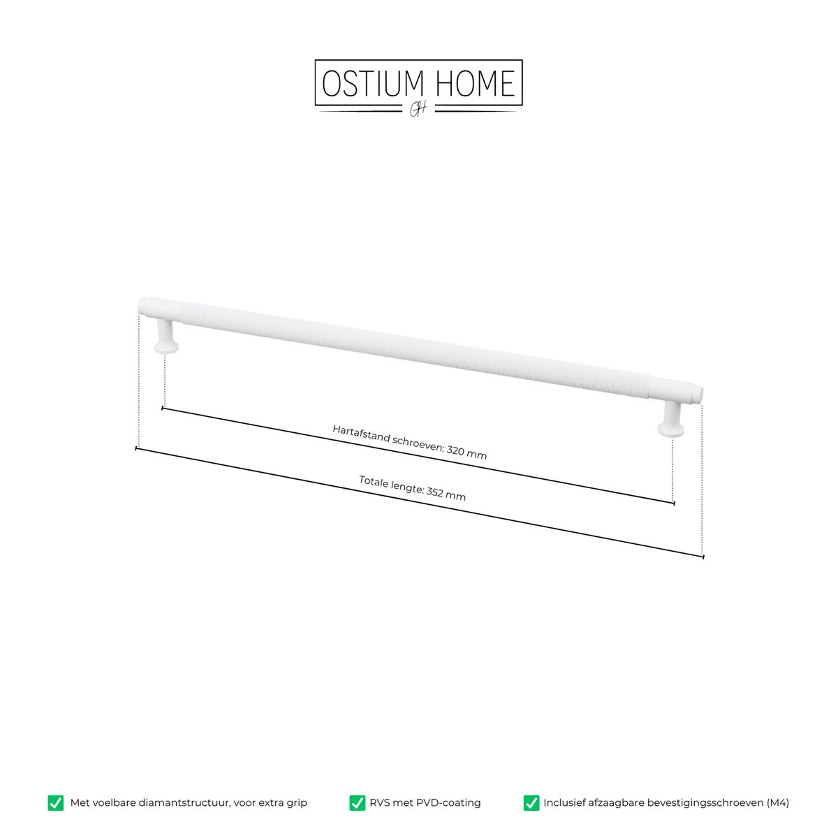 Maattekening van meubelgreep in wit met diamond cut structuur, hartafstand 320 mm, lengte 352 mm