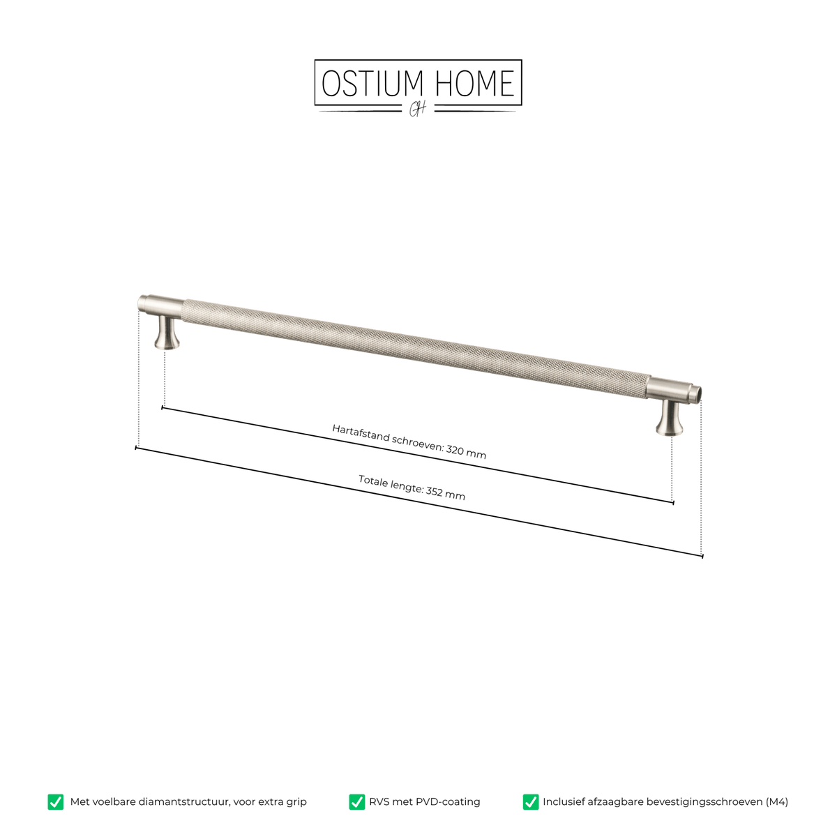 Maattekening van meubelgreep in RVS met diamond cut structuur, hartafstand 320 mm, lengte 352 mm