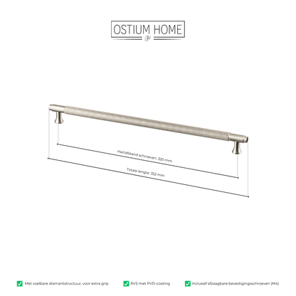 Maattekening van meubelgreep in RVS met diamond cut structuur, hartafstand 320 mm, lengte 352 mm