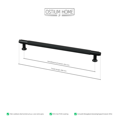 Maattekening van meubelgreep in zwart met diamond cut structuur, hartafstand 224 mm, lengte 256 mm