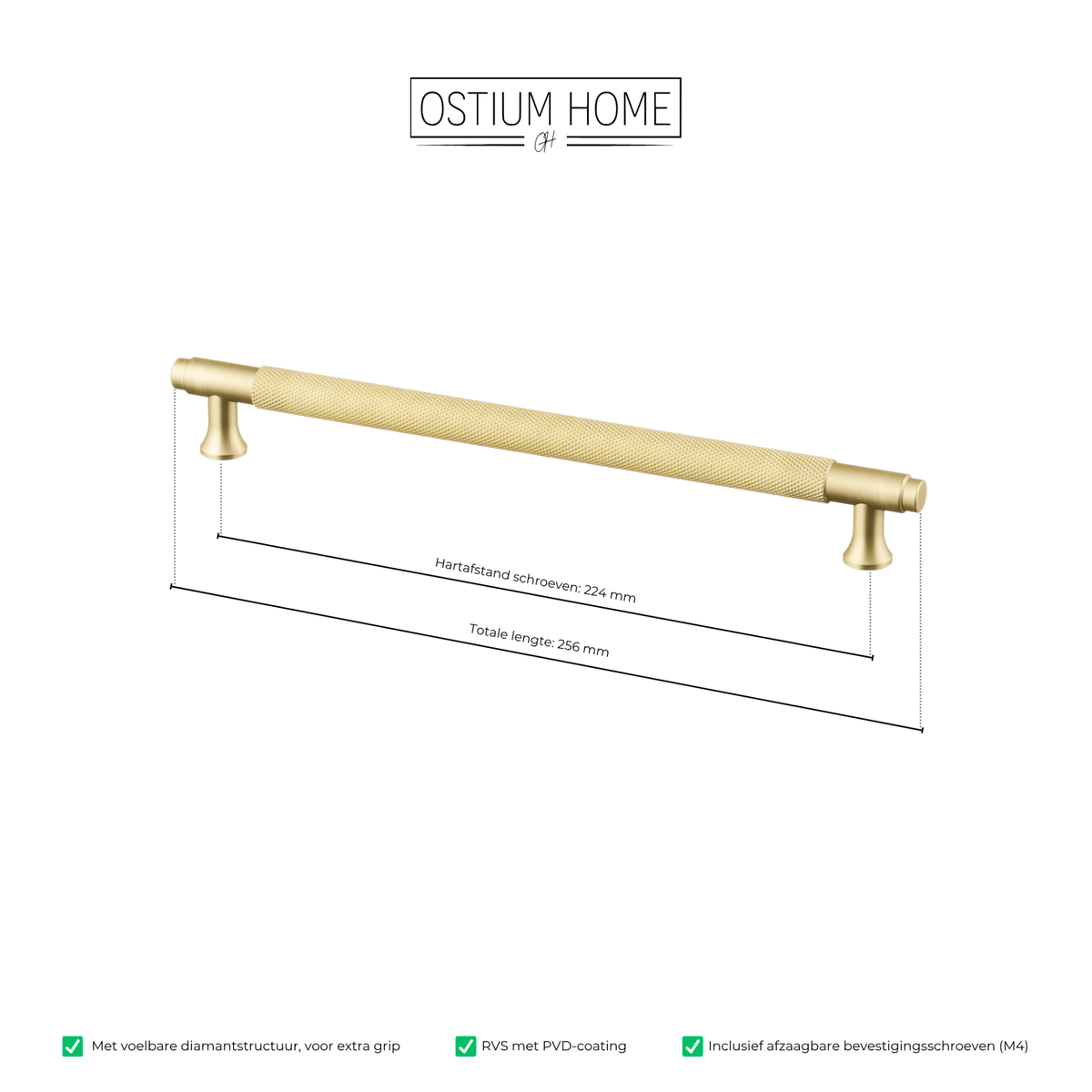 Maattekening van meubelgreep in goud met diamond cut structuur, hartafstand 224 mm, lengte 256 mm