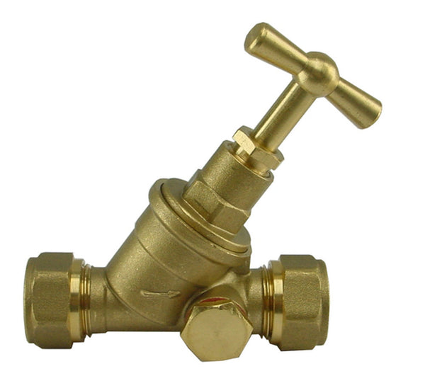 12mm shut-off valve, approved, compression x compression, with drain facility