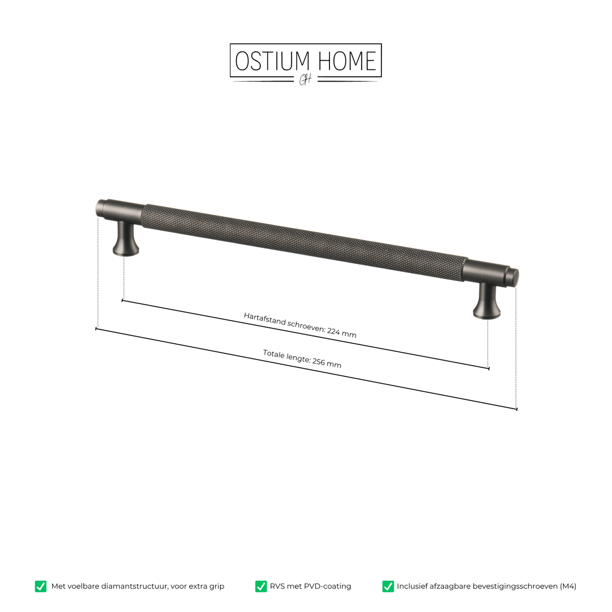 Maattekening van meubelgreep in gun metal met diamond cut structuur, hartafstand 224 mm, lengte 256 mm