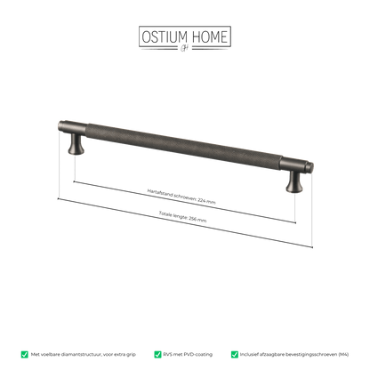 Maattekening van meubelgreep in gun metal met diamond cut structuur, hartafstand 224 mm, lengte 256 mm