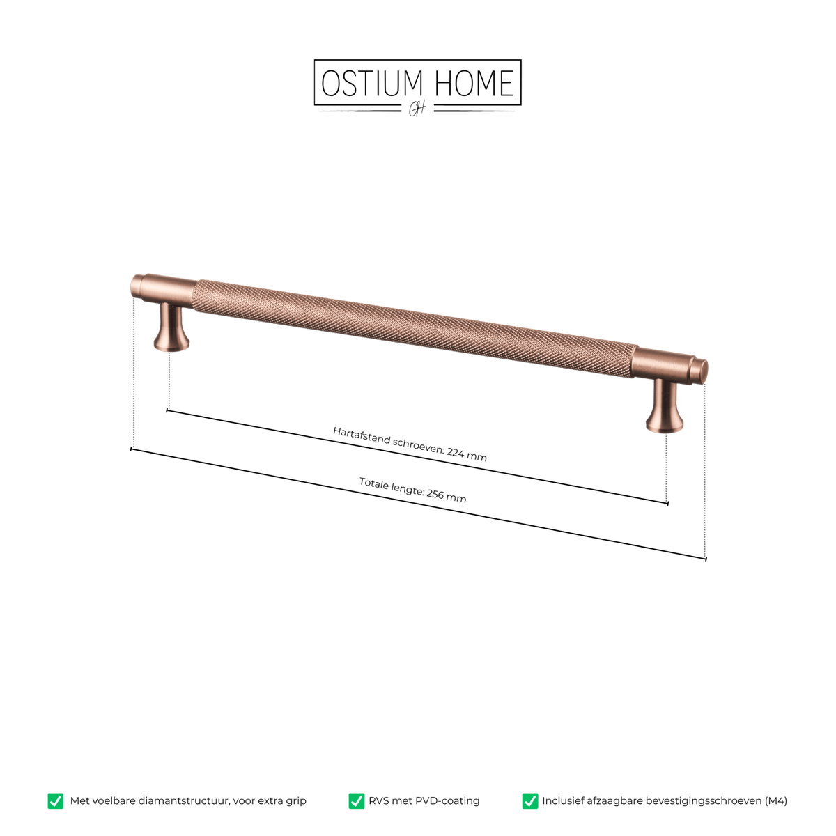 Maattekening van meubelgreep in koper met diamond cut structuur, hartafstand 224 mm, lengte 256 mm