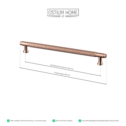 Maattekening van meubelgreep in koper met diamond cut structuur, hartafstand 224 mm, lengte 256 mm