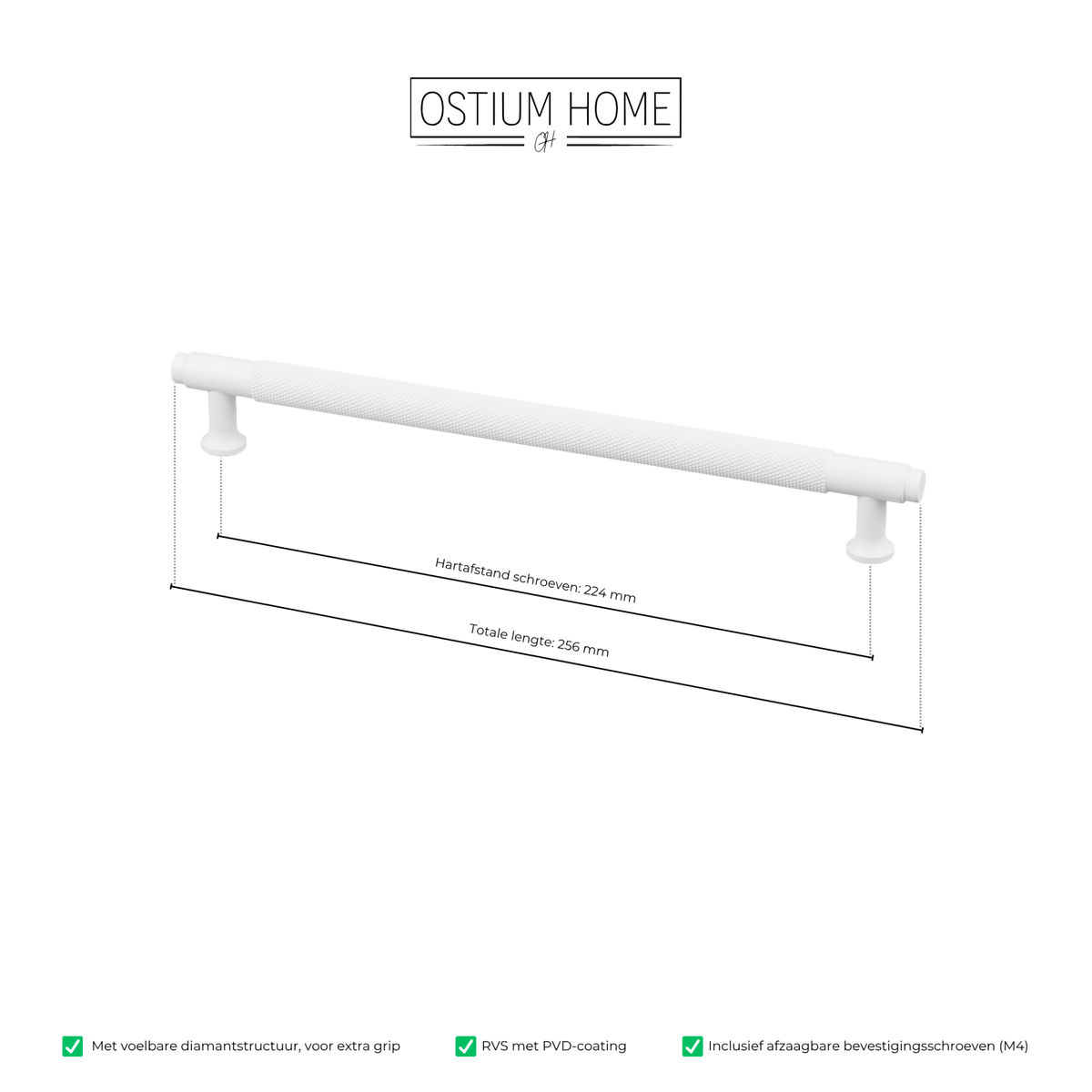 Maattekening van meubelgreep in wit met diamond cut structuur, hartafstand 224 mm, lengte 256 mm