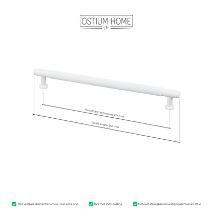 Maattekening van meubelgreep in wit met diamond cut structuur, hartafstand 224 mm, lengte 256 mm