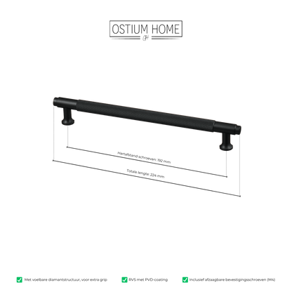 Maattekening van meubelgreep in zwart met diamond cut structuur, hartafstand 192 mm, lengte 224 mm