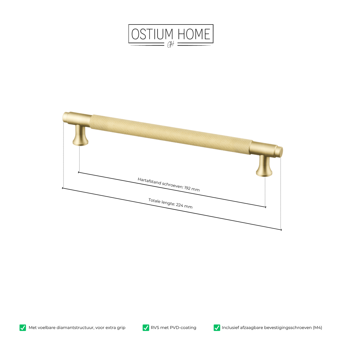 Maattekening van meubelgreep in goud met diamond cut structuur, hartafstand 192 mm, lengte 224 mm