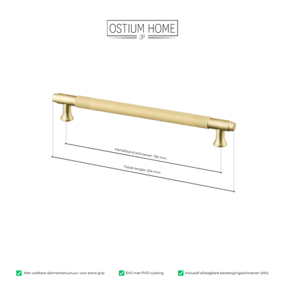Maattekening van meubelgreep in goud met diamond cut structuur, hartafstand 192 mm, lengte 224 mm