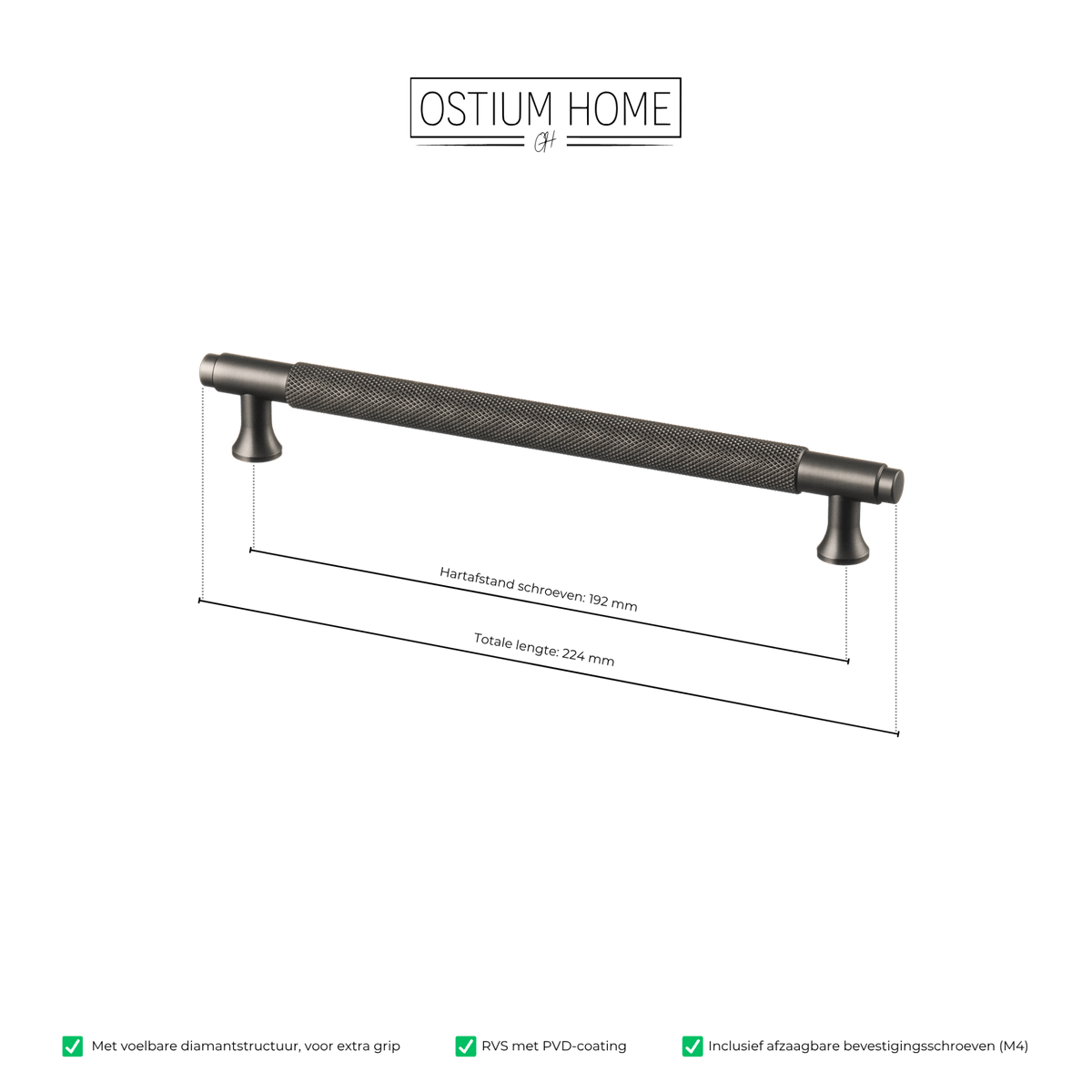 Maattekening van meubelgreep in gun metal met diamond cut structuur, hartafstand 192 mm, lengte 224 mm