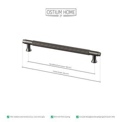 Maattekening van meubelgreep in gun metal met diamond cut structuur, hartafstand 192 mm, lengte 224 mm