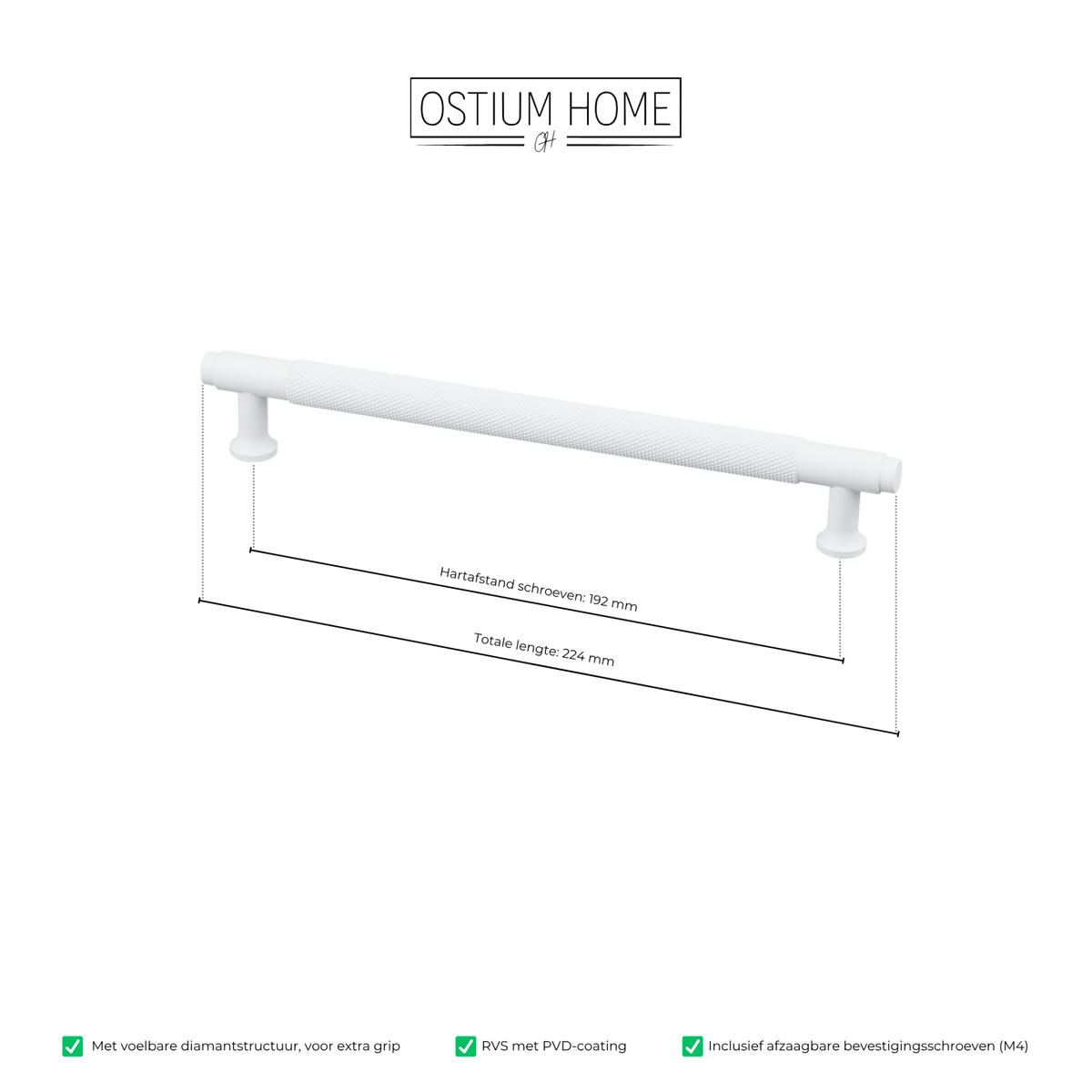Maattekening van meubelgreep in wit met diamond cut structuur, hartafstand 192 mm, lengte 224 mm