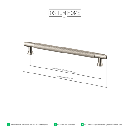 Maattekening van meubelgreep in RVS met diamond cut structuur, hartafstand 192 mm, lengte 224 mm
