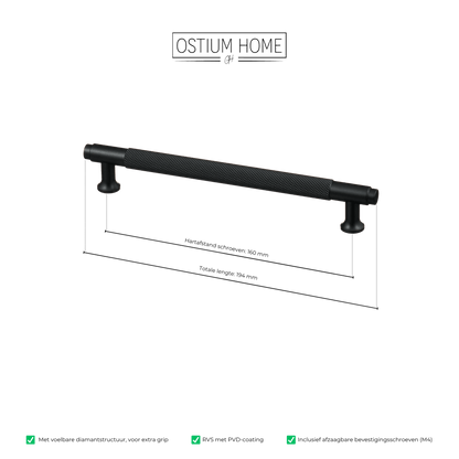 Maattekening van meubelgreep in zwart met diamond cut structuur, hartafstand 160 mm, lengte 194 mm