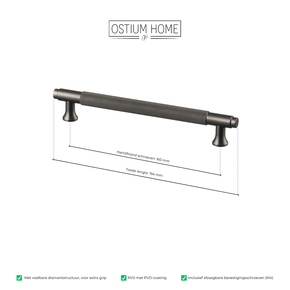 Maattekening van meubelgreep in gun metal met diamond cut structuur, hartafstand 160 mm, lengte 194 mm