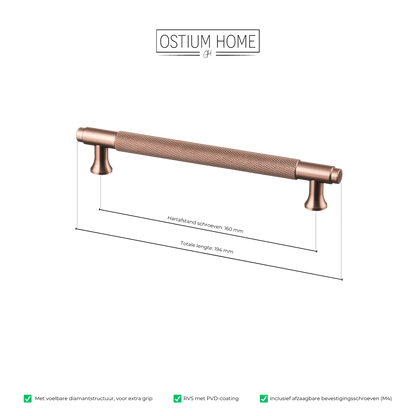 Maattekening van meubelgreep in koper met diamond cut structuur, hartafstand 160 mm, lengte 194 mm