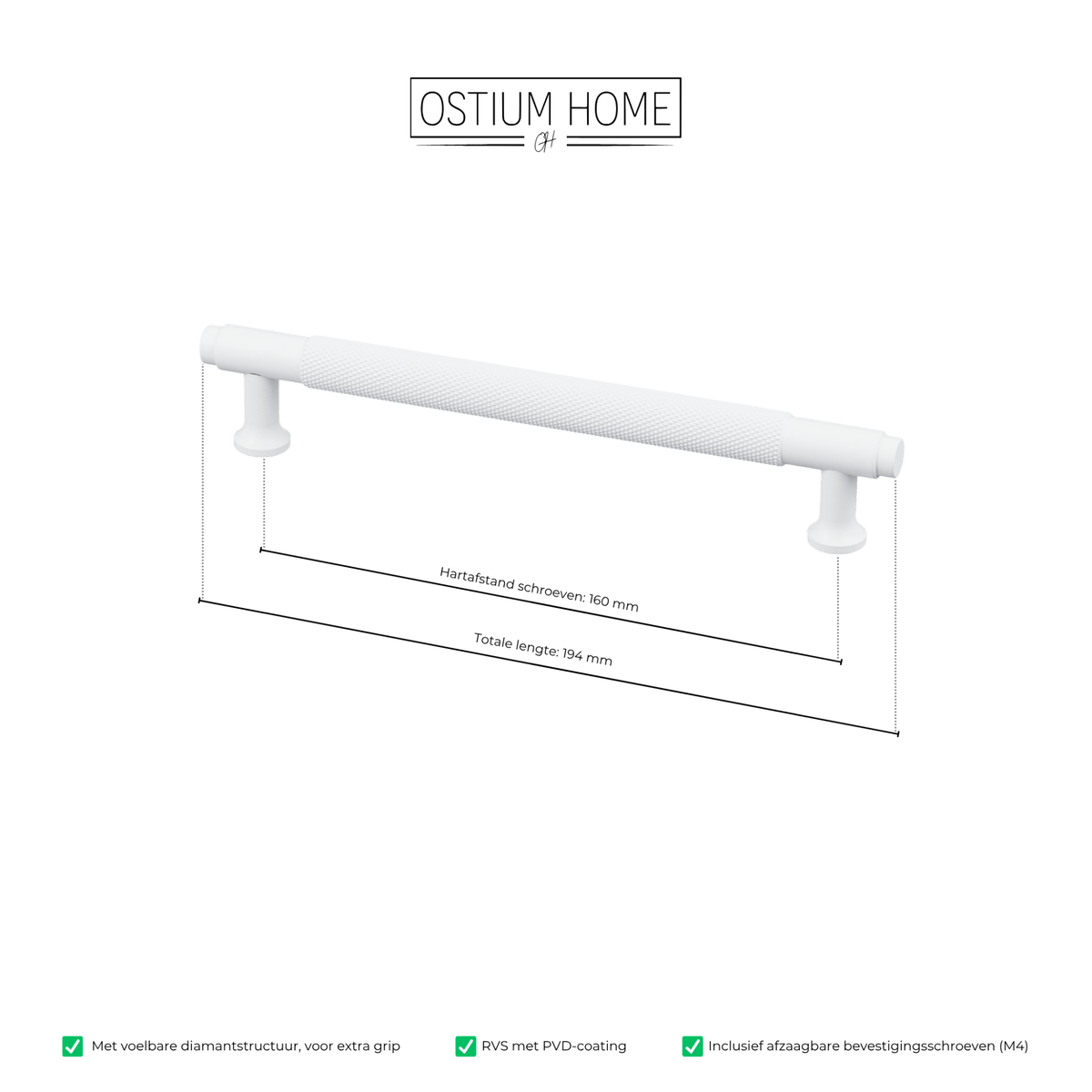 Maattekening van meubelgreep in wit met diamond cut structuur, hartafstand 160 mm, lengte 194 mm