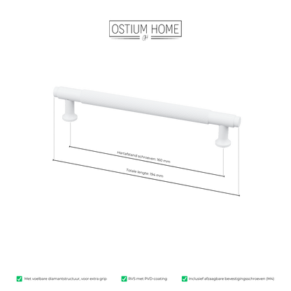 Maattekening van meubelgreep in wit met diamond cut structuur, hartafstand 160 mm, lengte 194 mm