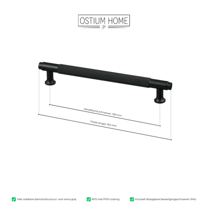 Maattekening van meubelgreep in zwart met diamond cut structuur, hartafstand 128 mm, lengte 164 mm