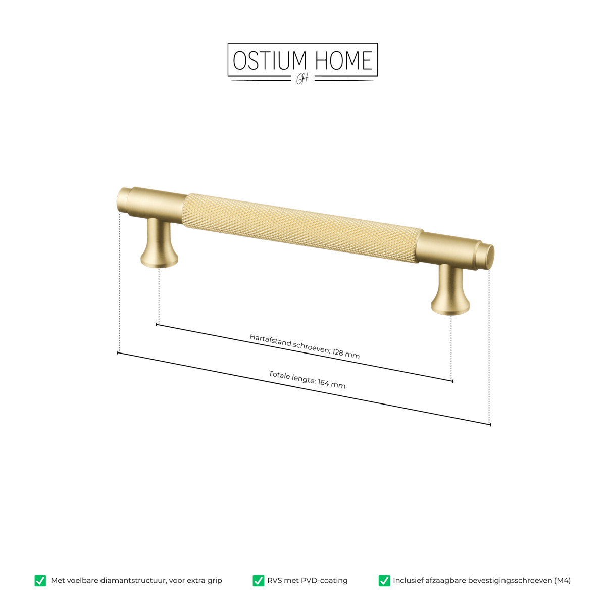 Maattekening van meubelgreep in goud met diamond cut structuur, hartafstand 128 mm, lengte 164 mm