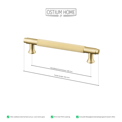 Maattekening van meubelgreep in goud met diamond cut structuur, hartafstand 128 mm, lengte 164 mm