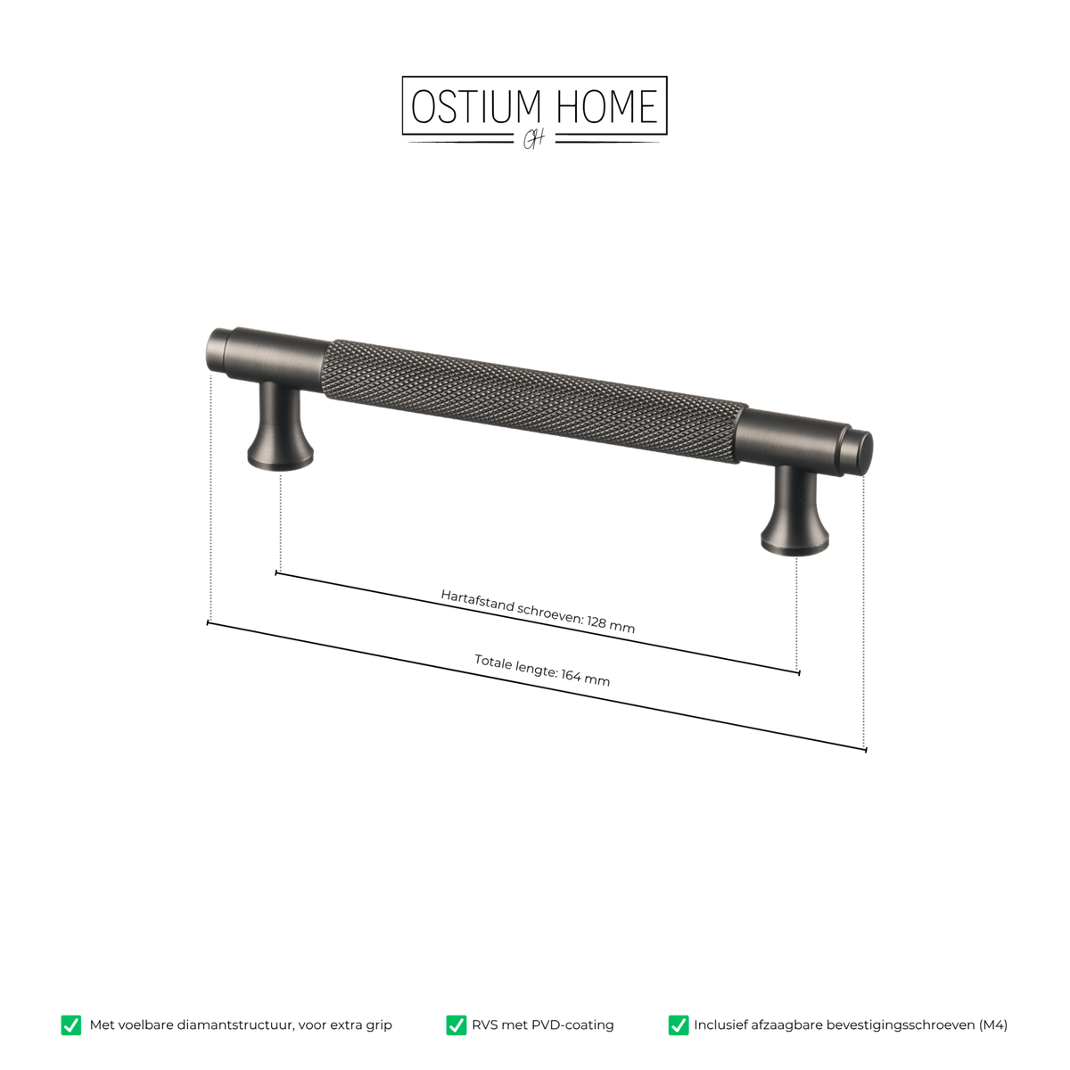 Maattekening van meubelgreep in gun metal met diamond cut structuur, hartafstand 128 mm, lengte 164 mm