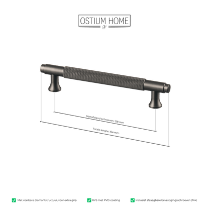 Maattekening van meubelgreep in gun metal met diamond cut structuur, hartafstand 128 mm, lengte 164 mm