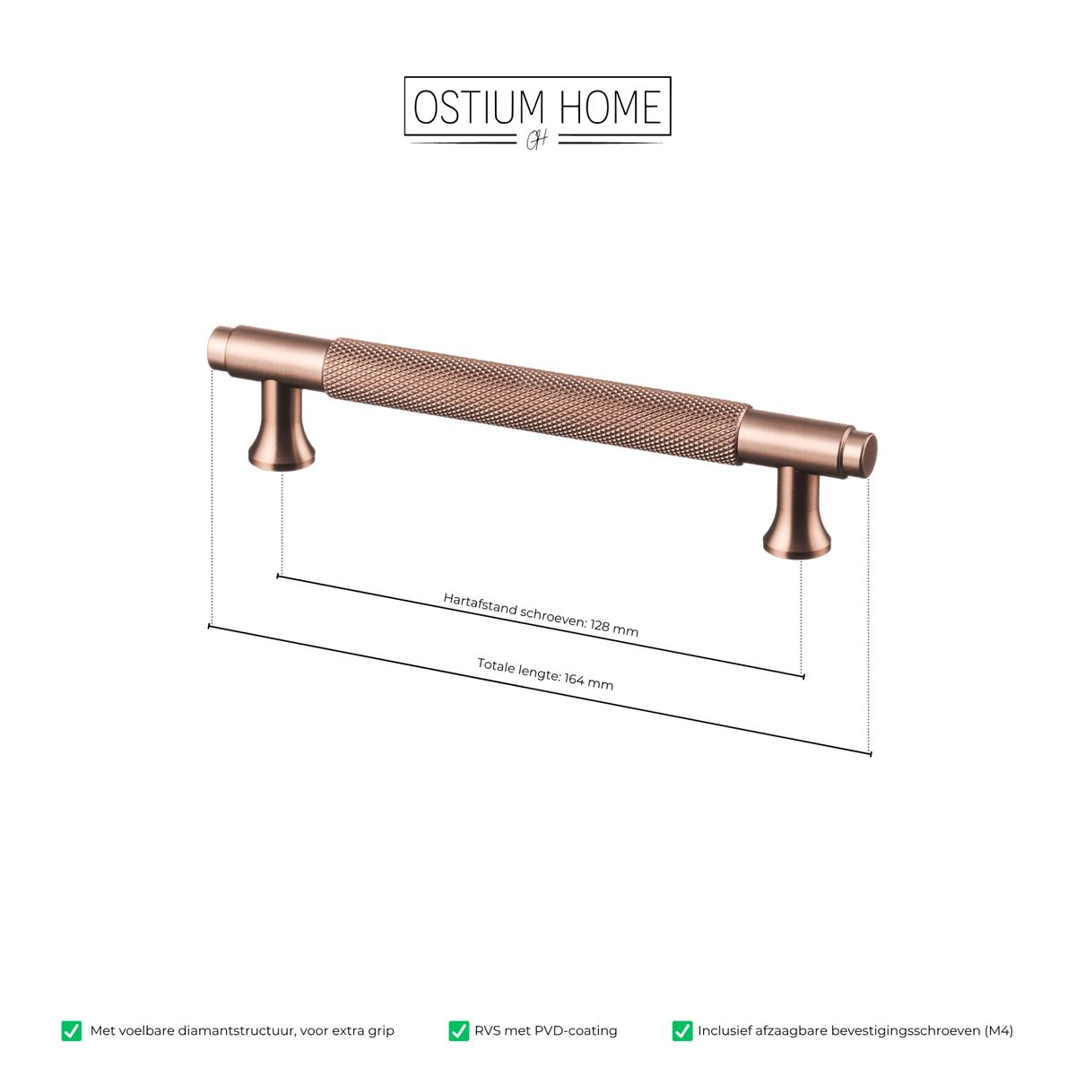 Maattekening van meubelgreep in koper met diamond cut structuur, hartafstand 128 mm, lengte 164 mm