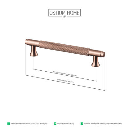 Maattekening van meubelgreep in koper met diamond cut structuur, hartafstand 128 mm, lengte 164 mm