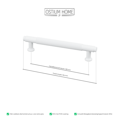 Maattekening van meubelgreep in wit met diamond cut structuur, hartafstand 128 mm, lengte 164 mm