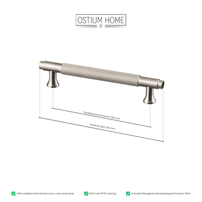 Maattekening van meubelgreep in RVS met diamond cut structuur, hartafstand 128 mm, lengte 164 mm