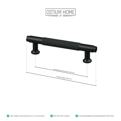 Maattekening van meubelgreep in zwart met diamond cut structuur, hartafstand 96 mm, lengte 130 mm