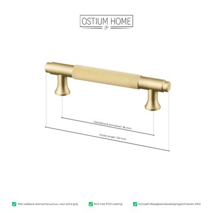 Maattekening van meubelgreep in goud met diamond cut structuur, hartafstand 96 mm, lengte 130 mm