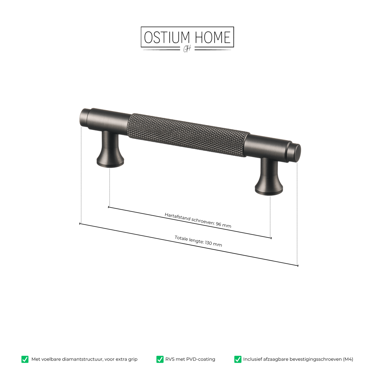 Maattekening van meubelgreep in gun metal met diamond cut structuur, hartafstand 96 mm, lengte 130 mm