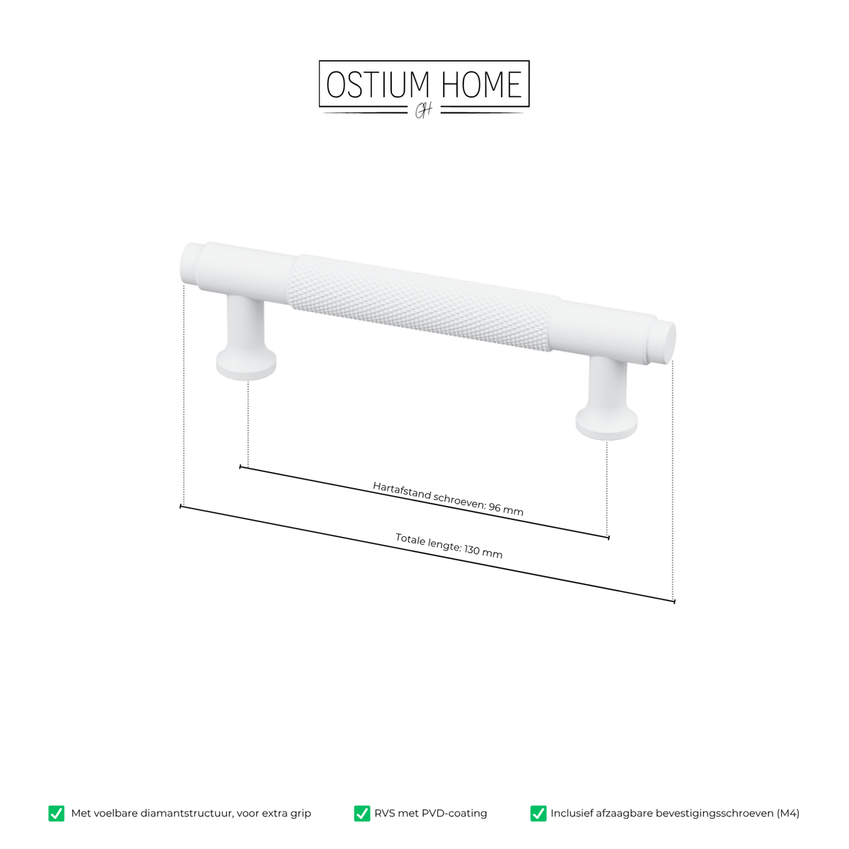 Maattekening van meubelgreep in wit met diamond cut structuur, hartafstand 96 mm, lengte 130 mm