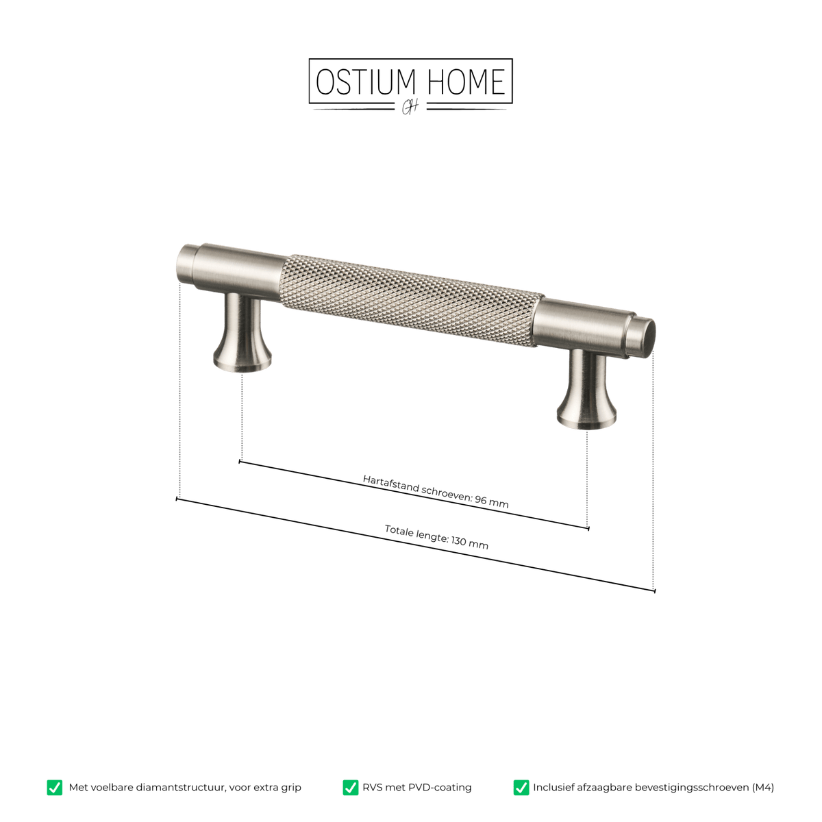 Maattekening van meubelgreep in RVS met diamond cut structuur, hartafstand 96 mm, lengte 130 mm