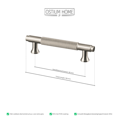 Maattekening van meubelgreep in RVS met diamond cut structuur, hartafstand 96 mm, lengte 130 mm