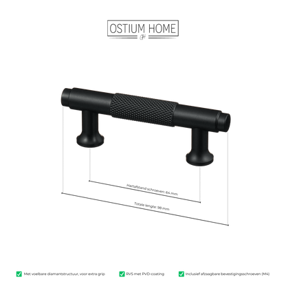 Maattekening van meubelgreep in zwart met diamond cut structuur, hartafstand 64 mm, lengte 98 mm