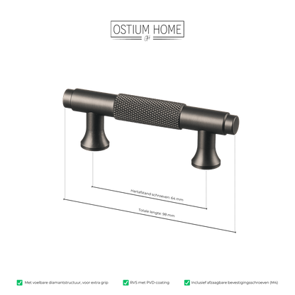 Maattekening van meubelgreep in gun metal met diamond cut structuur, hartafstand 64 mm, lengte 98 mm