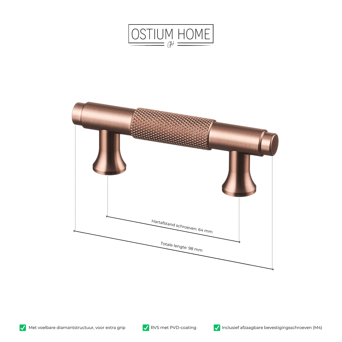 Maattekening van meubelgreep in koper met diamond cut structuur, hartafstand 64 mm, lengte 98 mm