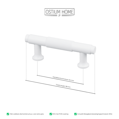 Maattekening van meubelgreep in wit met diamond cut structuur, hartafstand 64 mm, lengte 98 mm